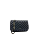 Sac à bandoulière Wallet-On-Chain en cuir noir matelassé chevron - Chanel