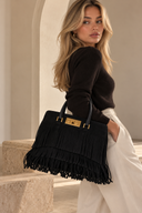 Sac Franges porté main en suède noir - Saint-Laurent